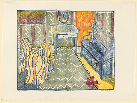 Artist: b'Eager, Helen.' | Title: b'(Lounge room with three easy chairs).' | Date: 1976 | Technique: b'lithograph, printed in colour, from multiple plates; with cut section folded to reveal second lithograph also printed in colour'