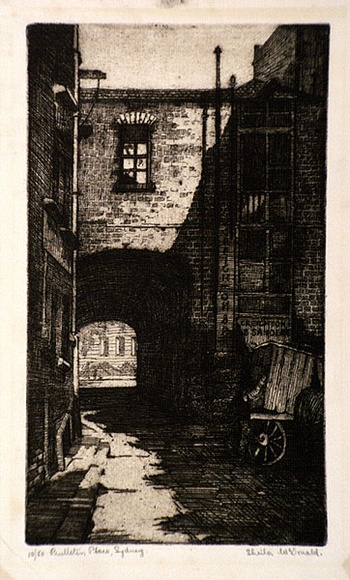 Artist: b'McDonald, Sheila.' | Title: b'Bulletin Place, Sydney' | Date: c.1928 | Technique: b'etching, aquatint printed in brown'