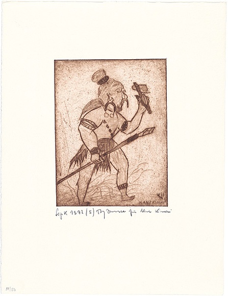 Artist: b'Kimai, Nani.' | Title: b'J\xc3\xa4ger mit Speer und Axt [Hunter with spear and axe]' | Date: 1972 | Technique: b'etching, printed in brown ink, from one plate'