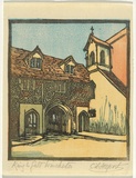 Artist: b'Allport, C.L.' | Title: bKing's Gate, Winchester. | Date: c.1928 | Technique: b'linocut, printed in colour, from multiple blocks'