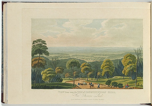 Artist: b'Lycett, Joseph.' | Title: bView from near the top of Constitution Hill, Van Diemen's Land. | Date: 1824-25 | Technique: b'etching and aquatint, printed in black ink, from one copper plate; hand-coloured'