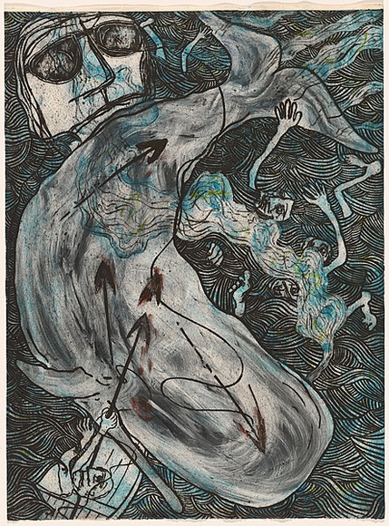 Title: b'not titled [whale harpooned]' | Date: 1987 | Technique: b'etching, printed in black ink with plate-tone, from one plate; hand-coloured'