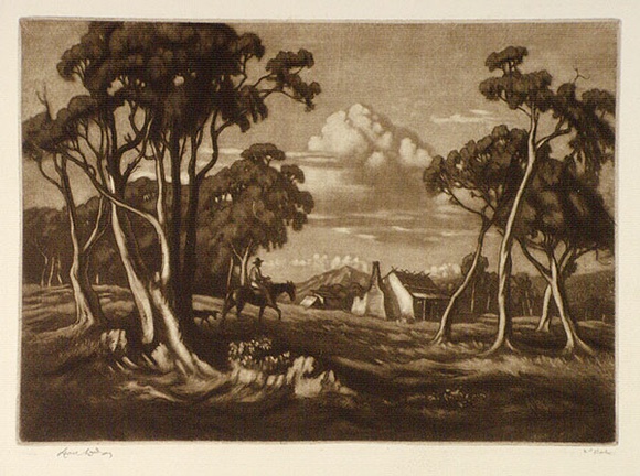 Artist: b'LINDSAY, Lionel' | Title: b'The return' | Date: c.1950 | Technique: b'mezzotint and etching, printed in brown ink, from one plate' | Copyright: b'Courtesy of the National Library of Australia'