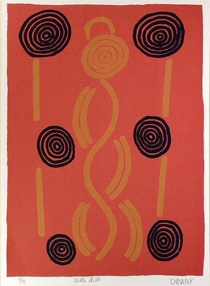 Artist: b'Nolan Tjampitjinpa, Dinny.' | Title: b'Willi Willi' | Date: 1987 | Technique: b'screenprint, printed in colour, from multiple stencils'