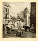Artist: b'LINDSAY, Lionel' | Title: b'Last of old Hunter Street, Sydney' | Date: 1916 | Technique: b'etching, printed in black ink with plate-tone, from one plate' | Copyright: b'Courtesy of the National Library of Australia'