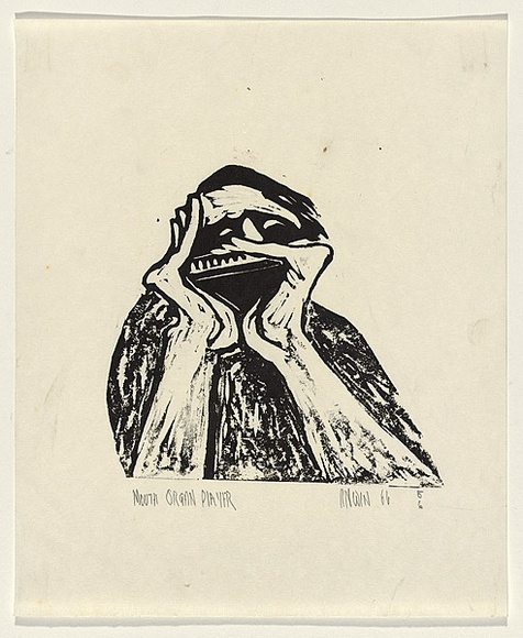 Title: b'Mouth organ player' | Date: 1966 | Technique: b'woodcut, printed in black ink, from one masonite block'