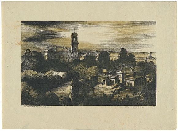 Artist: b'Jack, Kenneth.' | Title: b'Government House, Melbourne' | Date: 1952 | Technique: b'lithograph, printed in colour, from two zinc plates' | Copyright: b'\xc2\xa9 Kenneth Jack. Licensed by VISCOPY, Australia'