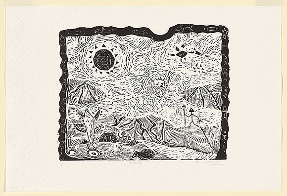 Artist: b'Gilbert, Kevin.' | Title: b'Totality' | Date: 1965 | Technique: b'linocut, printed in black ink, from one block'