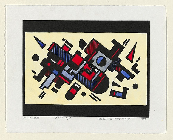 Artist: b'van der Sluys, Leslie.' | Title: b'Anno mm' | Date: 1999, November | Technique: b'linocut, printed in black ink, from one block; hand-coloured'