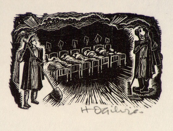 Artist: b'OGILVIE, Helen' | Title: b'(University dormitory room with seven occupied beds, guarded by two men in medieval dress, with spade and rake)' | Date: (1953) | Technique: b'wood-engraving, printed in black ink, from one block'