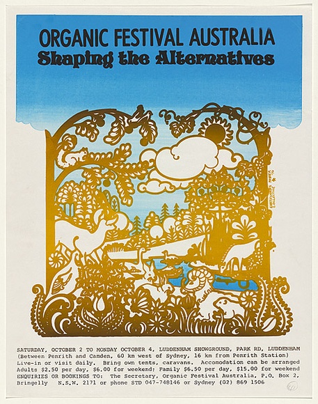 Artist: b'EARTHWORKS POSTER COLLECTIVE' | Title: b'Organic festival Australia' | Date: 1976 | Technique: b'screenprint, printed ibn colour, from three stencils'