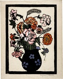 Artist: b'PRESTON, Margaret' | Title: b'Flowers in jug' | Date: 1929 | Technique: b'woodcut, printed in black ink, from one block; hand-coloured' | Copyright: b'\xc2\xa9 Margaret Preston. Licensed by VISCOPY, Australia'