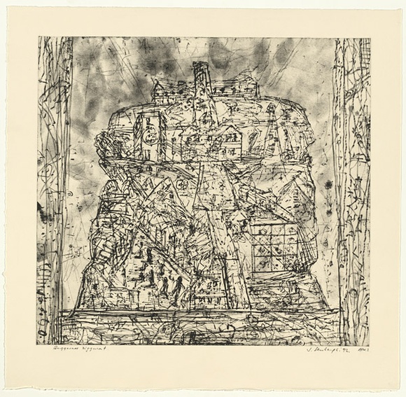 Artist: b'Senbergs, Jan.' | Title: b'Buggered ziggurat' | Date: 1992 | Technique: b'etching, printed in black ink, from one plate' | Copyright: b'\xc2\xa9 Jan Senbergs'
