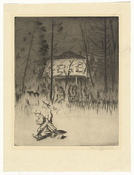 Artist: b'Nankivell, Frank.' | Title: b'(Two young boys walking in front of house)' | Date: c.1932 | Technique: b'drypoint, printed in black ink with plate-tone, from one copper plate'