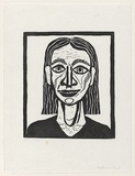 Artist: Groblicka, Lidia. | Title: Self-portrait [2]. | Date: 1963 | Technique: linocut, printed in black ink, from one block; touched with white paint