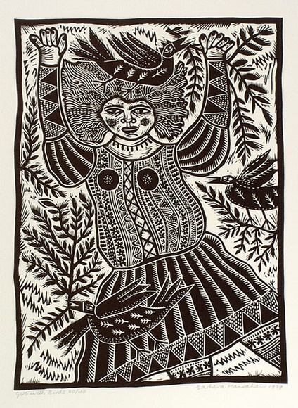 Artist: b'HANRAHAN, Barbara' | Title: b'Girl with birds.' | Date: 1989 | Technique: b'linocut, printed in black ink, from one block'