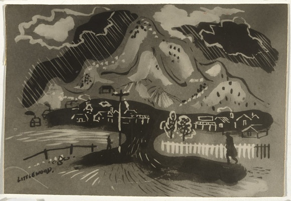 Artist: b'Bainbridge, John.' | Title: b'(Man entering town with hills in background).' | Date: (1939-59) | Technique: b'gelatin silver photograph'