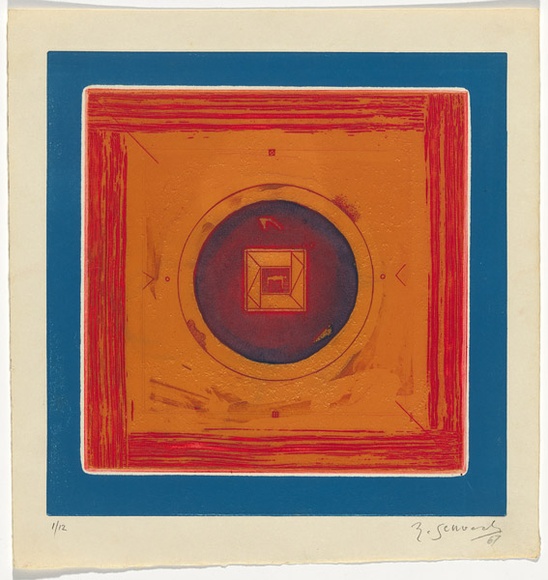 Artist: b'SELLBACH, Udo' | Title: b'(Orange and blue square with circle)' | Date: 1967 | Technique: b'etching, aquatint printed in colour from two  plates'