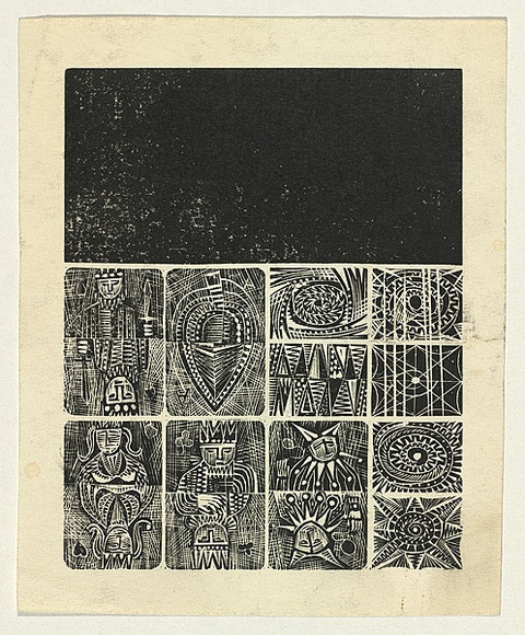 Title: b'not titled [nine squares: kings, queens, jokers and suns in reflection, plus black square above]' | Date: 1960s | Technique: b'wood-engraving, printed in black ink, from one block'