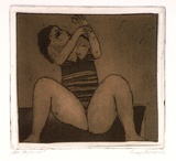 Artist: b'BALDESSIN, George' | Title: b'Performer.' | Date: 1973 | Technique: b'etching and aquatint, printed in black ink, from one plate; over stencil, printed in brown ink, from one stencil.'