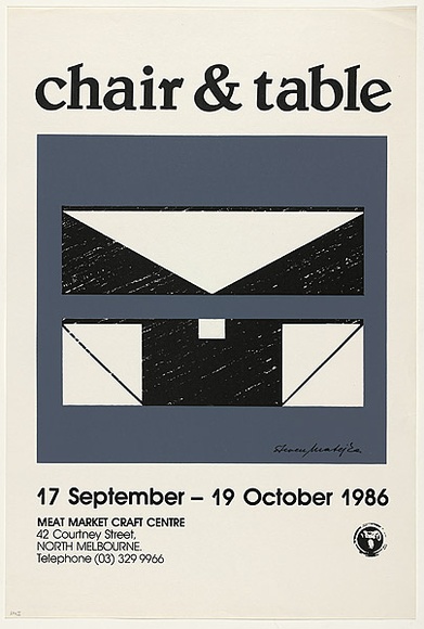 Title: b'Helmut Lueckenhausen: Chair and table, 17 Sept - 19 Oct 1986 Meat Market' | Date: 1986 | Technique: b'offset-lithograph, printed in colour, from two stones'