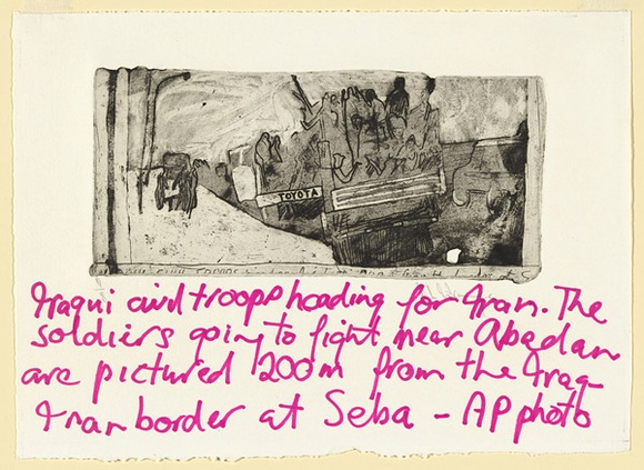 Artist: bL'Estrange, Sally. | Title: b'Iraqi civil troops heading for Iran' | Date: 1981 | Technique: b'etching and aquatint, printed in black ink, from one plate; hand-written text in pink fibre tipped pen'