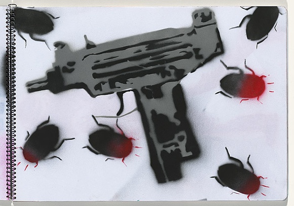 Title: b'Chickenpox' | Date: 2003-2004 | Technique: b'stencils, printed with colour aerosol paint, from multiple stencils'