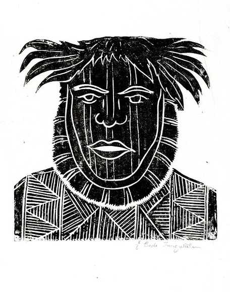 Artist: b'TUNGUTALUM, Bede' | Title: b'Head of a man' | Date: 1970s | Technique: b'woodcut, printed in black ink, from one block'