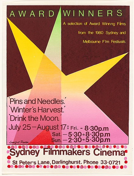 Artist: b'Lane, Leonie.' | Title: b'Award Winners ... Sydney Filmmakers Cinema.' | Date: 1981 | Technique: b'screenprint, printed in colour, from four stencils' | Copyright: b'\xc2\xa9 Leonie Lane'