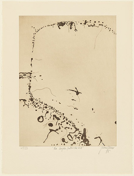 Artist: OLSEN, John | Title: Coopers Creek enters the void | Date: 1975 | Technique: sugarlift-aquatint, engraving and aquatint, printed in brown ink with plate-tone, from one zinc plate | Copyright: © John Olsen. Licensed by VISCOPY, Australia