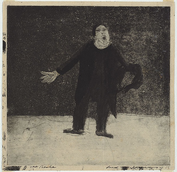 Artist: b'WILLIAMS, Fred' | Title: b'An actor on stage.' | Date: 1955-56 | Technique: b'etching, aquatint and engraving, printed in black ink, from one copper plate; additions in ink' | Copyright: b'\xc2\xa9 Fred Williams Estate'