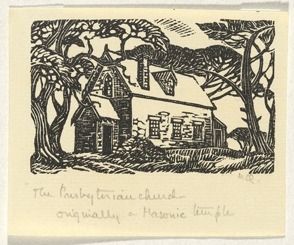 Artist: b'QUICK, Mary' | Title: b'The Presbyterian church' | Date: c.1945 | Technique: b'woodcut, printed in black ink, from one block'