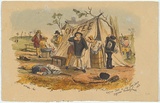 Artist: GILL, S.T. | Title: Coffee tent and sly grog shop. Diggers breakfast 1852. | Date: 1854 | Technique: lithograph, printed in black ink, from one stone; hand-coloured