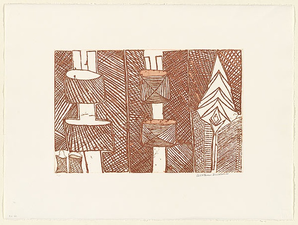 Artist: b'Farmer, Glen.' | Title: b'Two pukumani poles and one spear' | Date: 1998, July | Technique: b'etching, printed in brown ink, from one zinc plate'