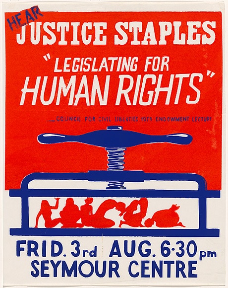 Artist: Fenton-Kerr, Tom. | Title: Hear Justice Staples - Legislating for Human Rights. | Date: 1979 | Technique: screenprint, printed in colour, from two stencils