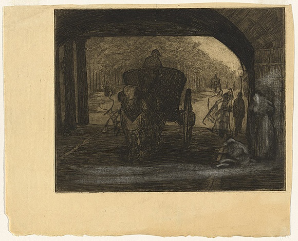 Artist: b'TRAILL, Jessie' | Title: b'not titled [horse-drawn cart passing under stone bridge]' | Date: c.1908 | Technique: b'etching, drypoint and foul biting, printed in black ink, from one plate; black and white crayon additions'