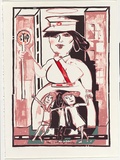 Artist: b'Sibley, Andrew.' | Title: b'The lolly pop lady' | Date: 1994 | Technique: b'lithograph, printed in pink, deep maroon, aqua and red inks, from three stones'