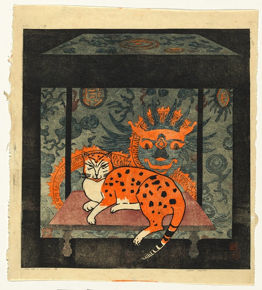 Artist: b'Thorpe, Lesbia.' | Title: b'The cat and dragon' | Date: 1977 | Technique: b'woodcut, printed in colour, from five blocks'