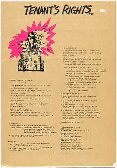 Artist: b'Colley, Ian.' | Title: bTenant's rights ... (one poster in a 4 poster series) | Date: 1978 | Technique: b'screenprint, printed in colour, from two stencils' | Copyright: b'\xc2\xa9 Leonie Lane'