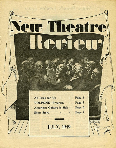 Title: b'New theatre review: July 1949' | Date: April 1949 | Technique: b'linocut, printed in black ink, from one block; letterpress text'