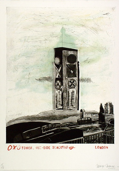 Artist: b'Moore, Mary.' | Title: b'Oxo Tower, outside Blackfriars' | Date: 1980 | Technique: b'lithograph, printed in colour, from five plates, etching printed in black ink, from one plate' | Copyright: b'\xc2\xa9 Mary Moore'