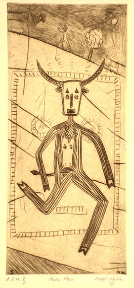 Artist: b'White, Nigel.' | Title: b'Horn man' | Date: 1991 | Technique: b'drypoint, printed in sepia ink, from one plate'