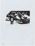 Artist: b'AMOR, Rick' | Title: b'[marshall returning to the caravan]' | Date: 1984 | Technique: b'linocut, printed in black ink, from one block' | Copyright: b'\xc2\xa9 Rick Amor. Licensed by VISCOPY, Australia.'