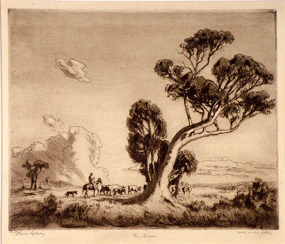 Artist: b'LINDSAY, Lionel' | Title: b'The drover' | Date: 1924 | Technique: b'drypoint, printed in brown ink with plate-tone, from one plate' | Copyright: b'Courtesy of the National Library of Australia'