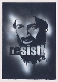 Artist: b'Azlan.' | Title: b'Resist.' | Date: 2003 | Technique: b'stencil, printed in white/silver ink, from one stencil'