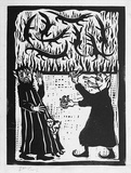 Artist: Allen, Joyce. | Title: (Wizard Agonis cringes under Wizard Lambertia's wickedness) (Illustration 8). | Date: 1987 | Technique: linocut, printed in black ink, from one block; with pencil and black, pen and ink