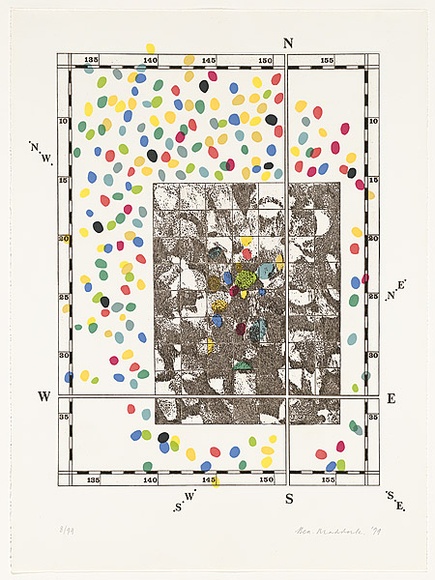 Artist: b'MADDOCK, Bea' | Title: b'Gathering' | Date: 1999 | Technique: b'photo-etching, mechanical engraving and roulette, printed in black ink, from one zinc plate; letterpress, printed in black ink; colour ink-wash stencil'