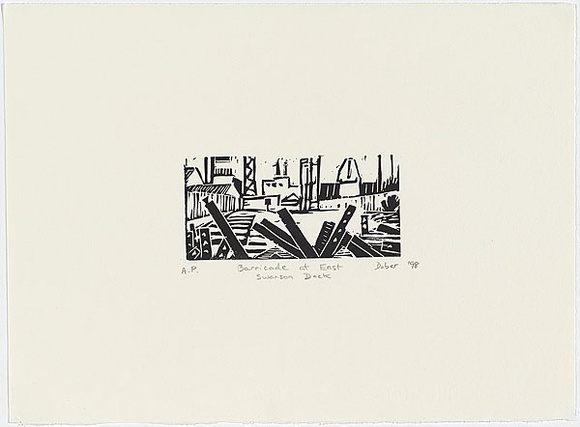 Artist: b'Dober, Mark.' | Title: b'Barricade at East Swanson Dock.' | Date: 1998 | Technique: b'linocut, printed in black ink, from one block'