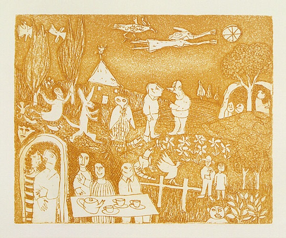 Artist: b'Allen, Joyce.' | Title: b'(Tea party).' | Date: (1980s) | Technique: b'etching, aquatint printed in ochre, from one  plate'