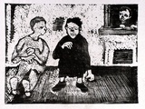 Artist: b'Allen, Joyce.' | Title: b'Eavesdropping.' | Date: c.1965 | Technique: b'linocut, printed in black ink, from one block'